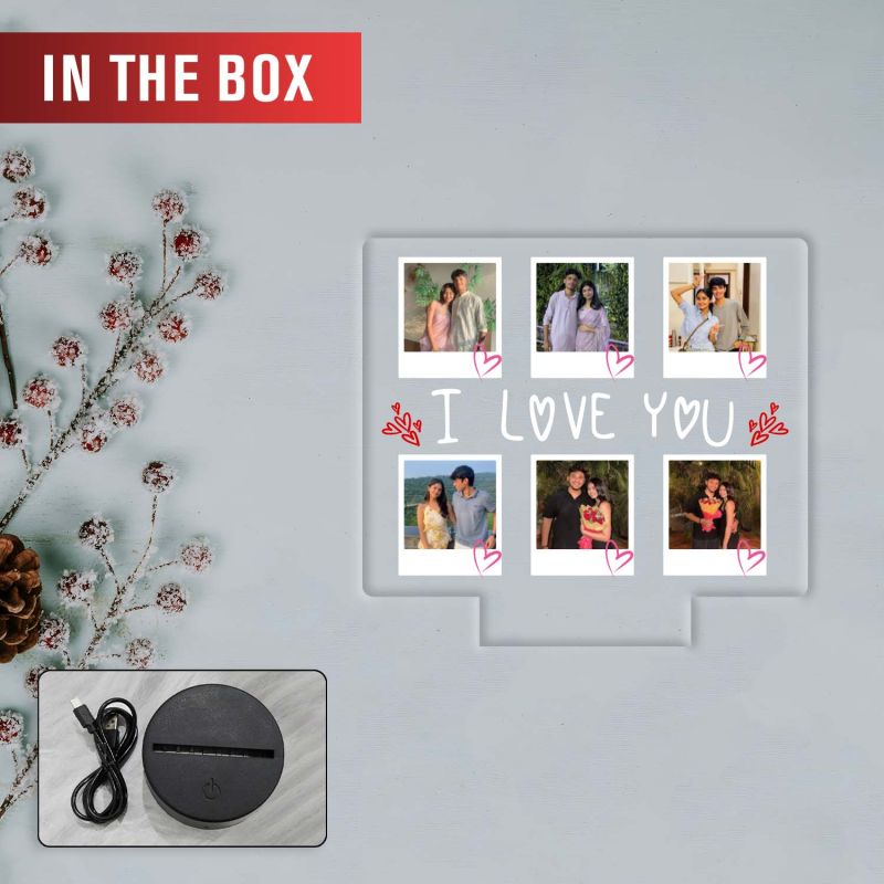 Personalized I Love You Collage Photo Frame Romantic Acrylic Desktop Lamp for Couples, Anniversary or Birthday Gift for Him & Her | Multicolored Light & USB Powered